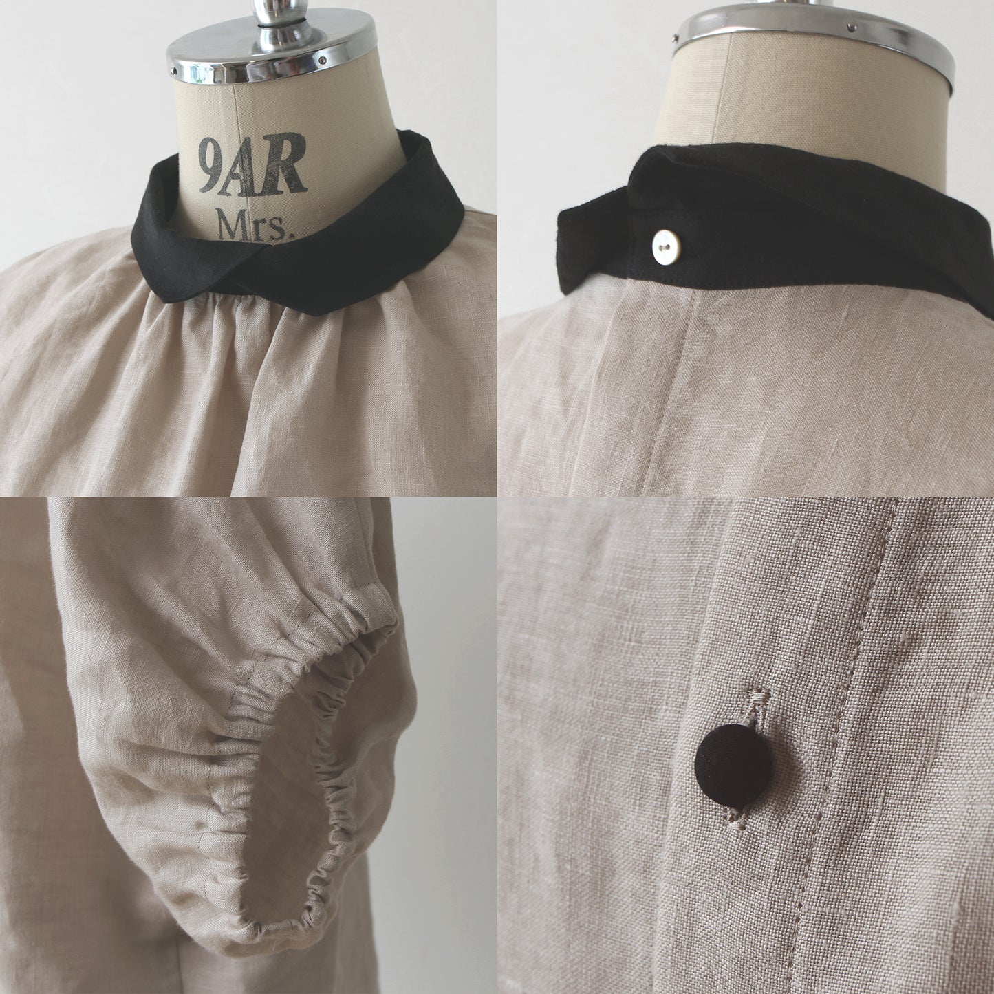 Clerical collar is elegant and cute for adults. Back covered button, voluminous sleeve French linen blouse, half sleeve / beige clerical
