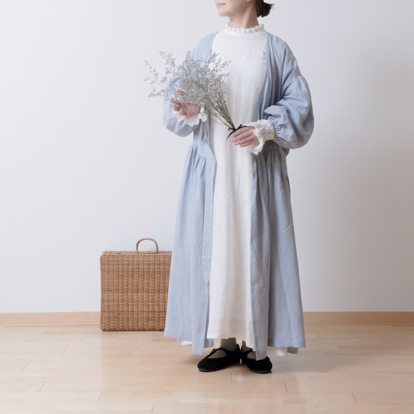 Cache-Coeur 褶皺兩用洋裝 - 法國亞麻/淡藍色