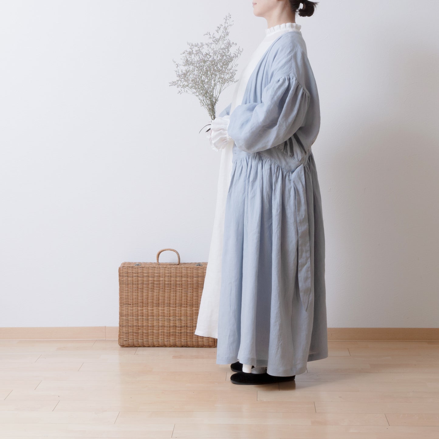 Cache-Coeur 褶皺兩用洋裝 - 法國亞麻/淡藍色