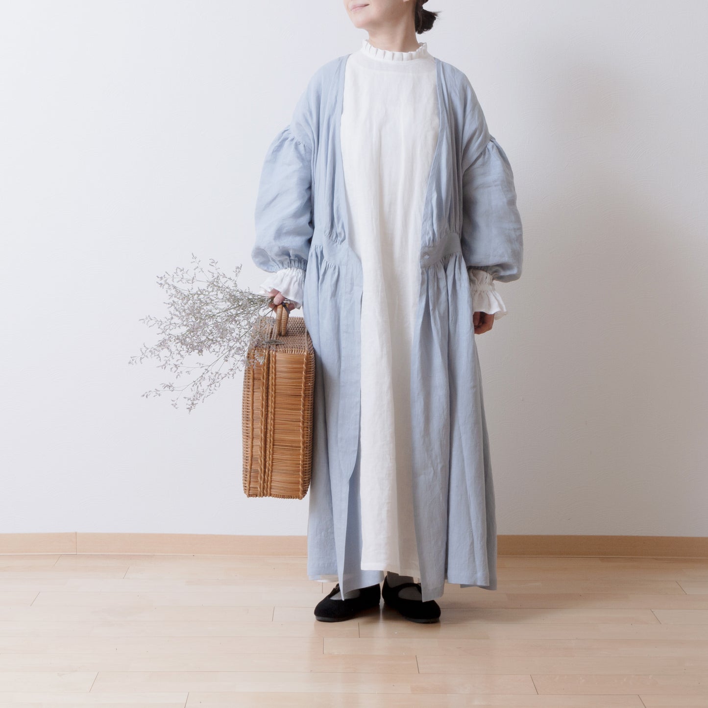 Cache-Coeur 褶皺兩用洋裝 - 法國亞麻/淡藍色