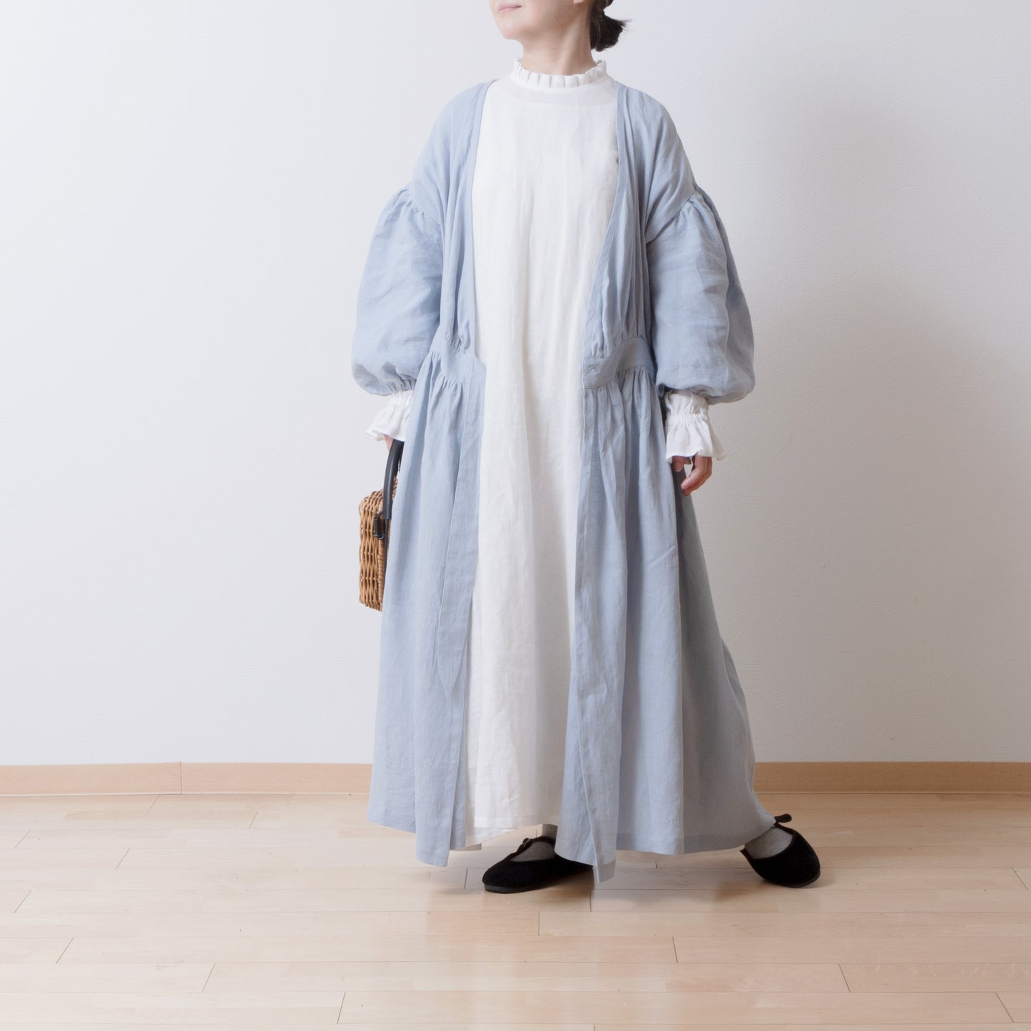 Cache-Coeur 褶皺兩用洋裝 - 法國亞麻/淡藍色