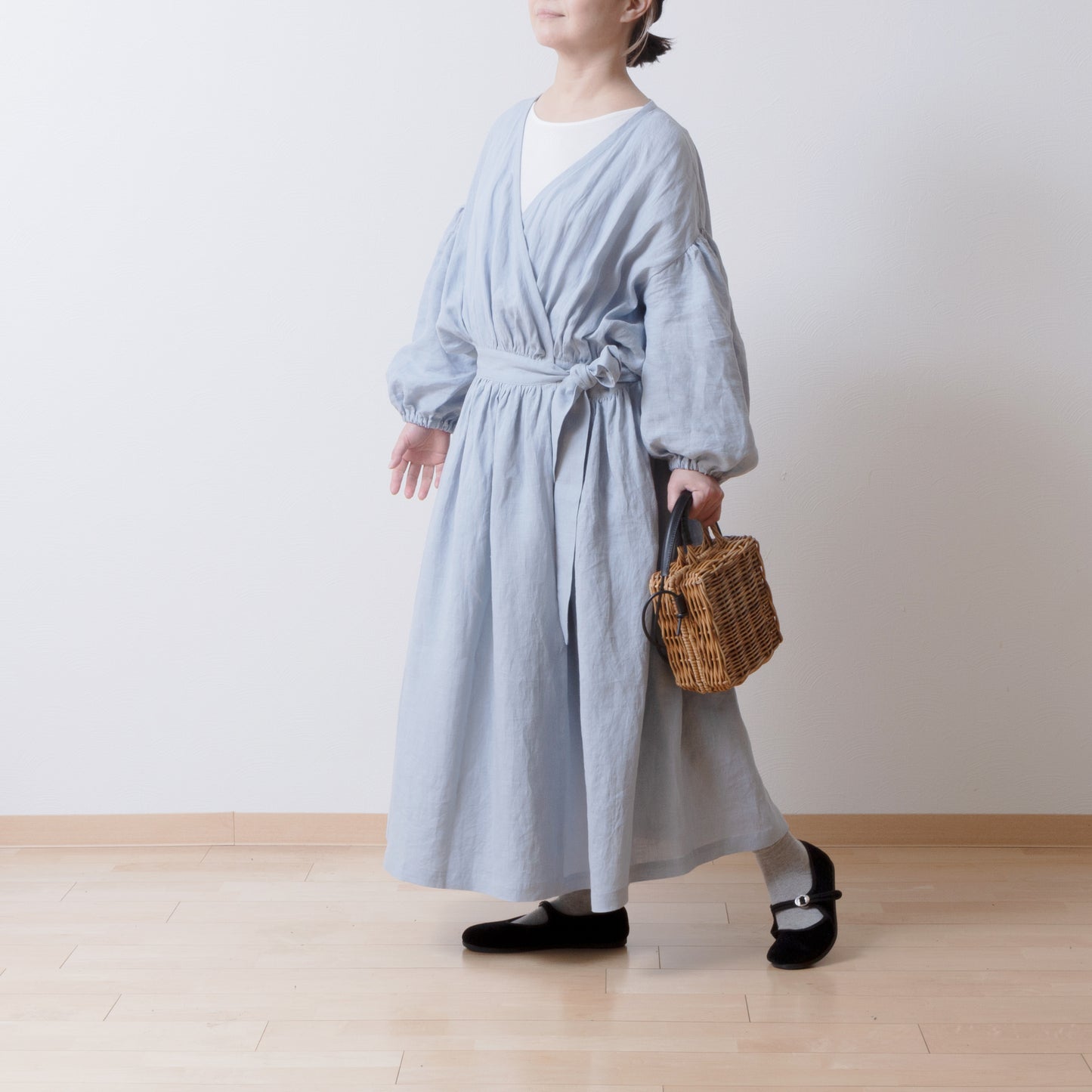 Cache-Coeur 褶皺兩用洋裝 - 法國亞麻/淡藍色