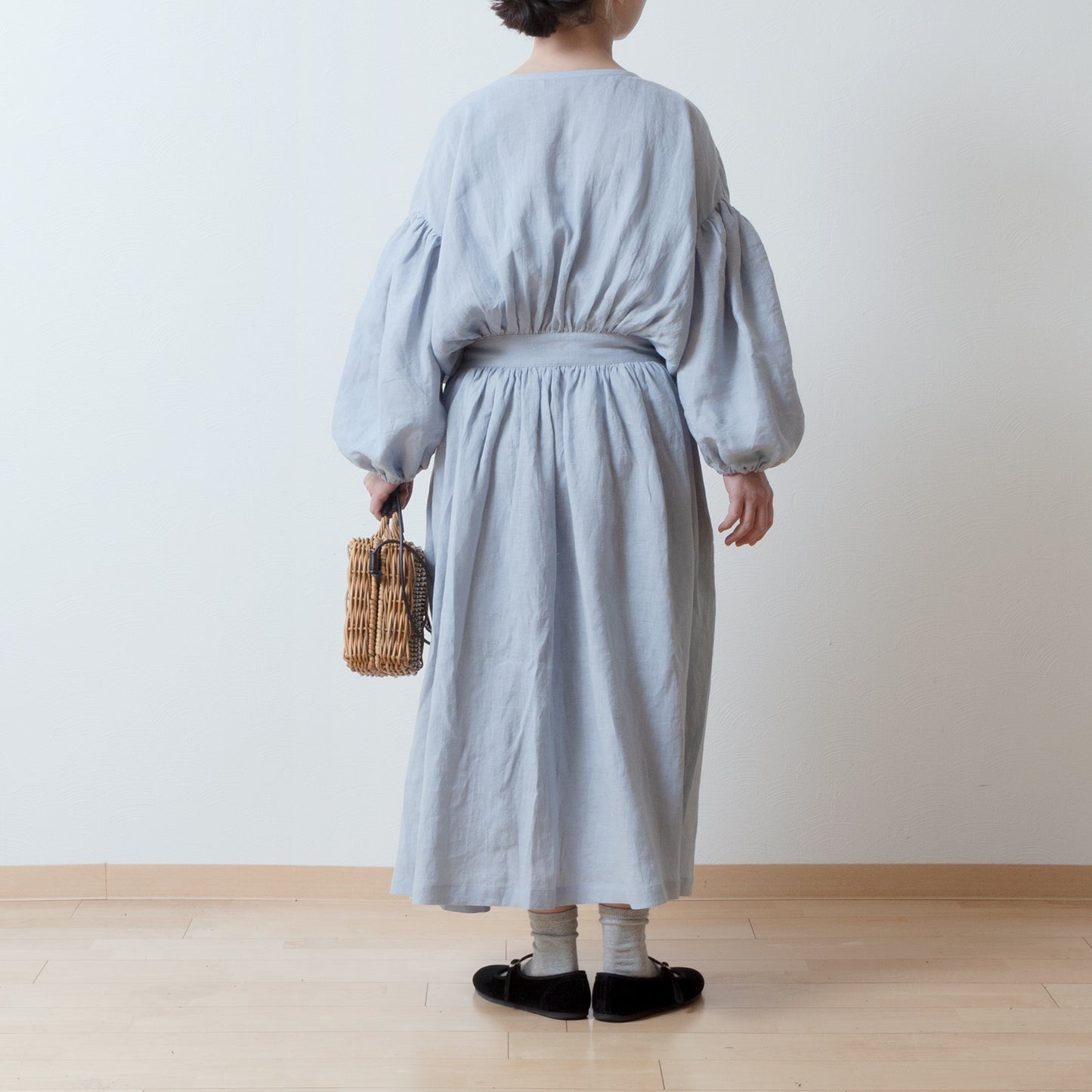 Cache-Coeur 褶皺兩用洋裝 - 法國亞麻/淡藍色