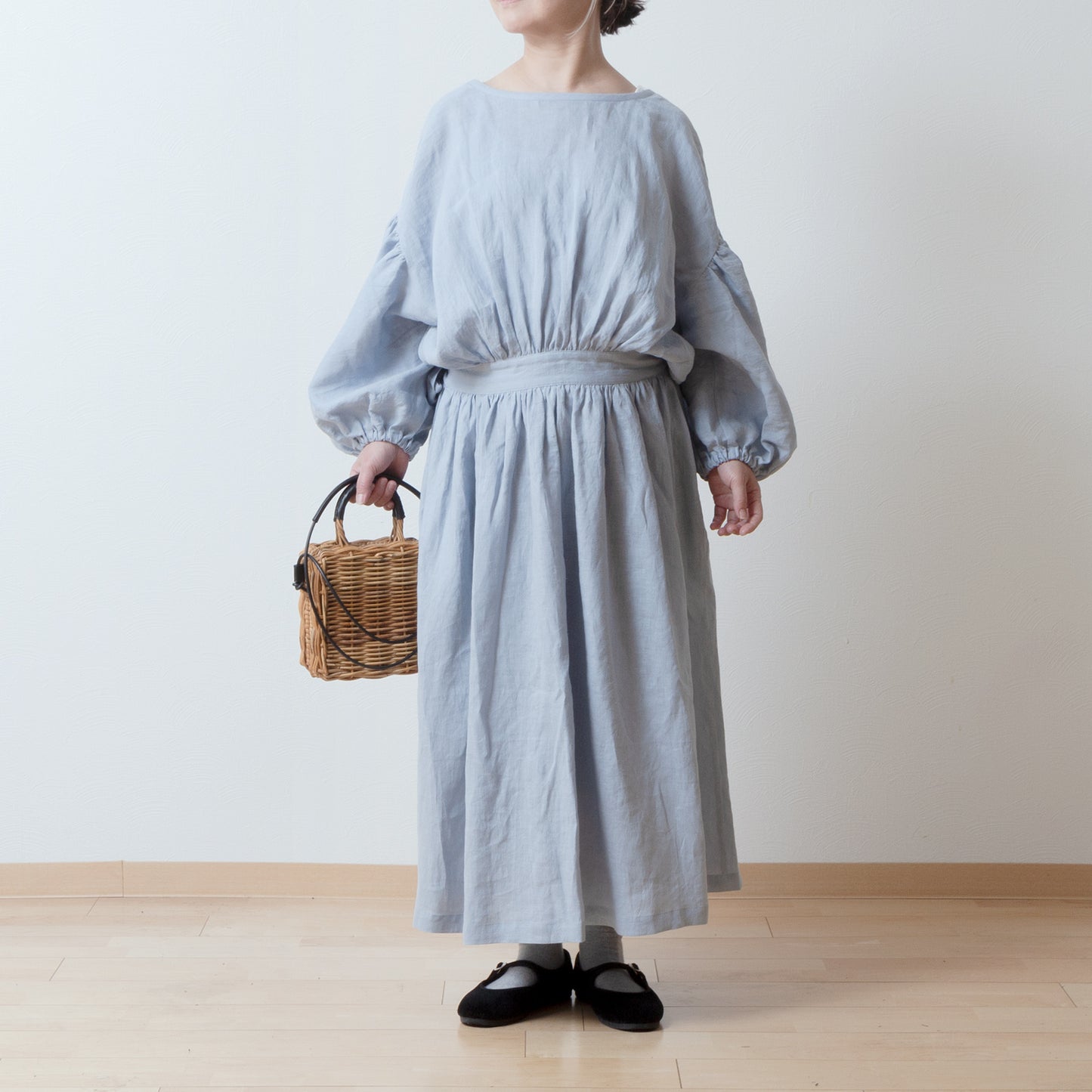 Cache-Coeur 褶皺兩用洋裝 - 法國亞麻/淡藍色