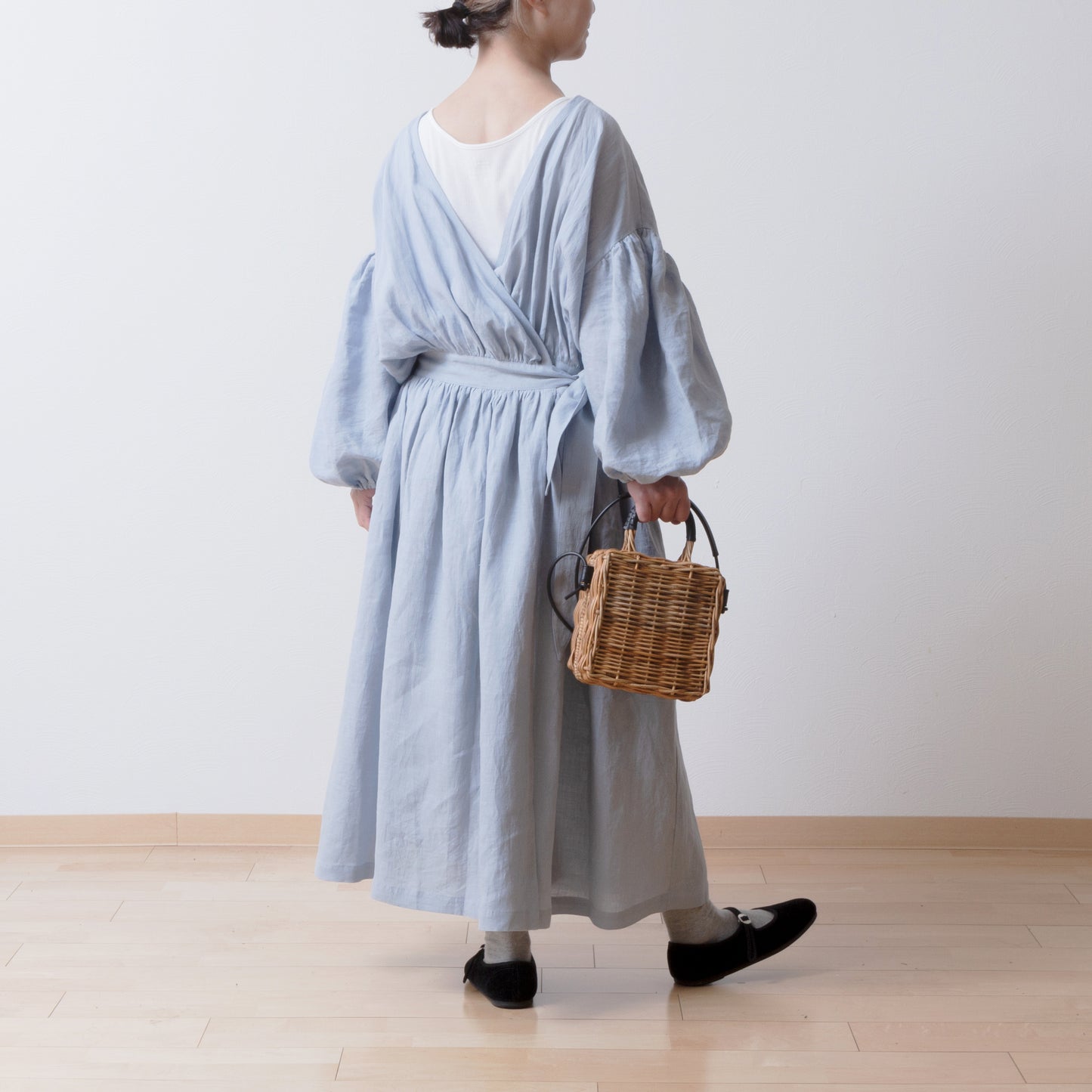 Cache-Coeur 褶皺兩用洋裝 - 法國亞麻/淡藍色