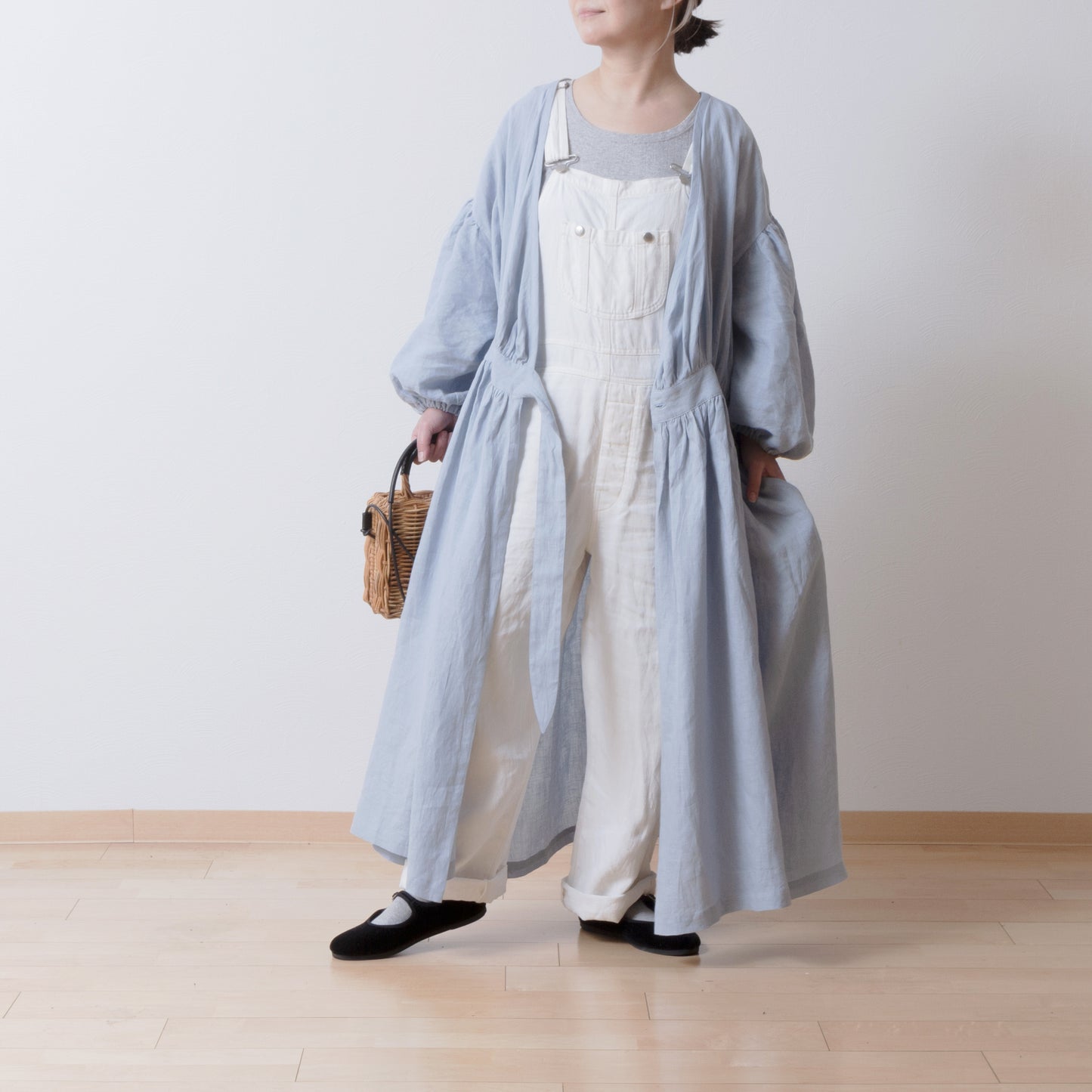 Cache-Coeur 褶皺兩用洋裝 - 法國亞麻/淡藍色