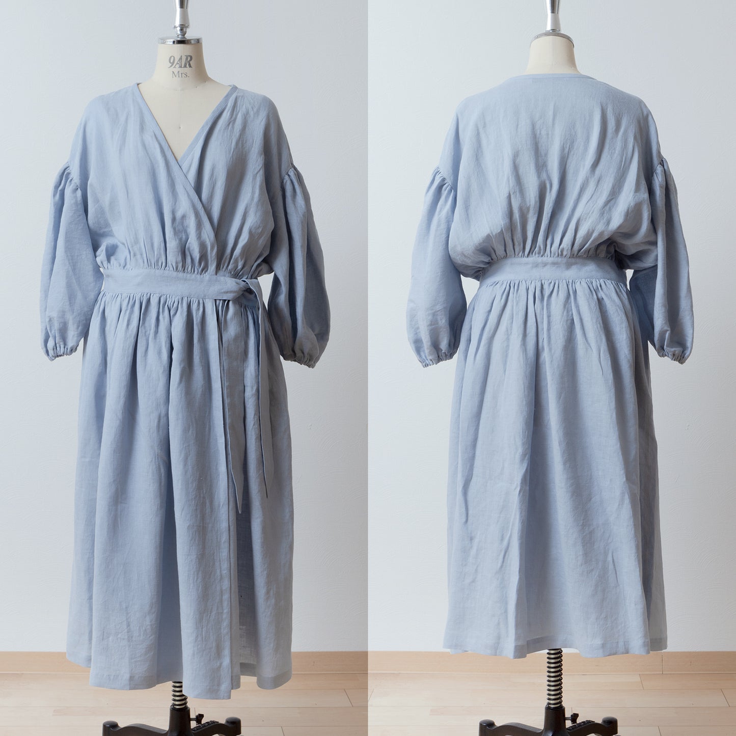 Cache-Coeur 褶皺兩用洋裝 - 法國亞麻/淡藍色