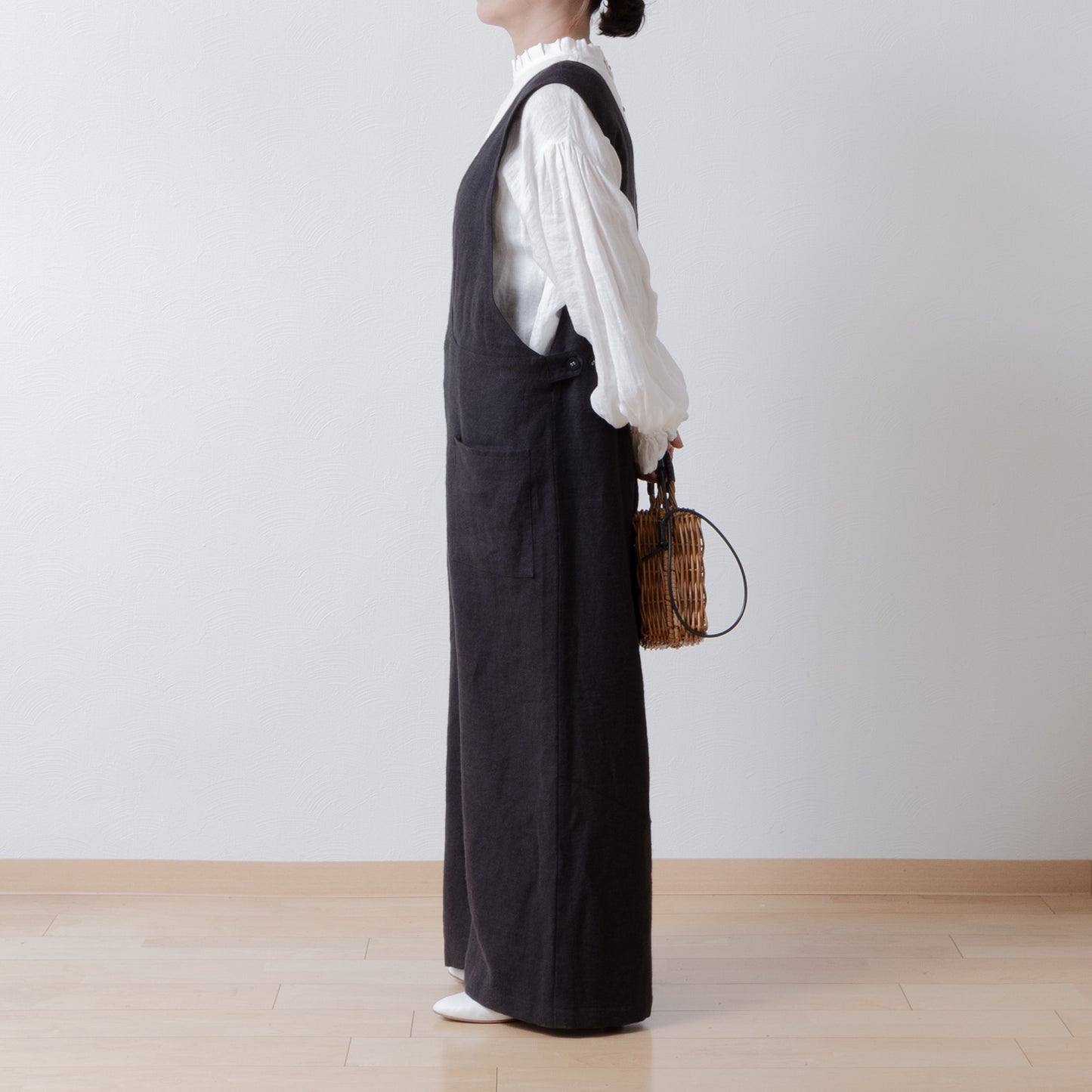 成人寬褲裝連身褲 - 亞麻斜紋拉絨/黑色