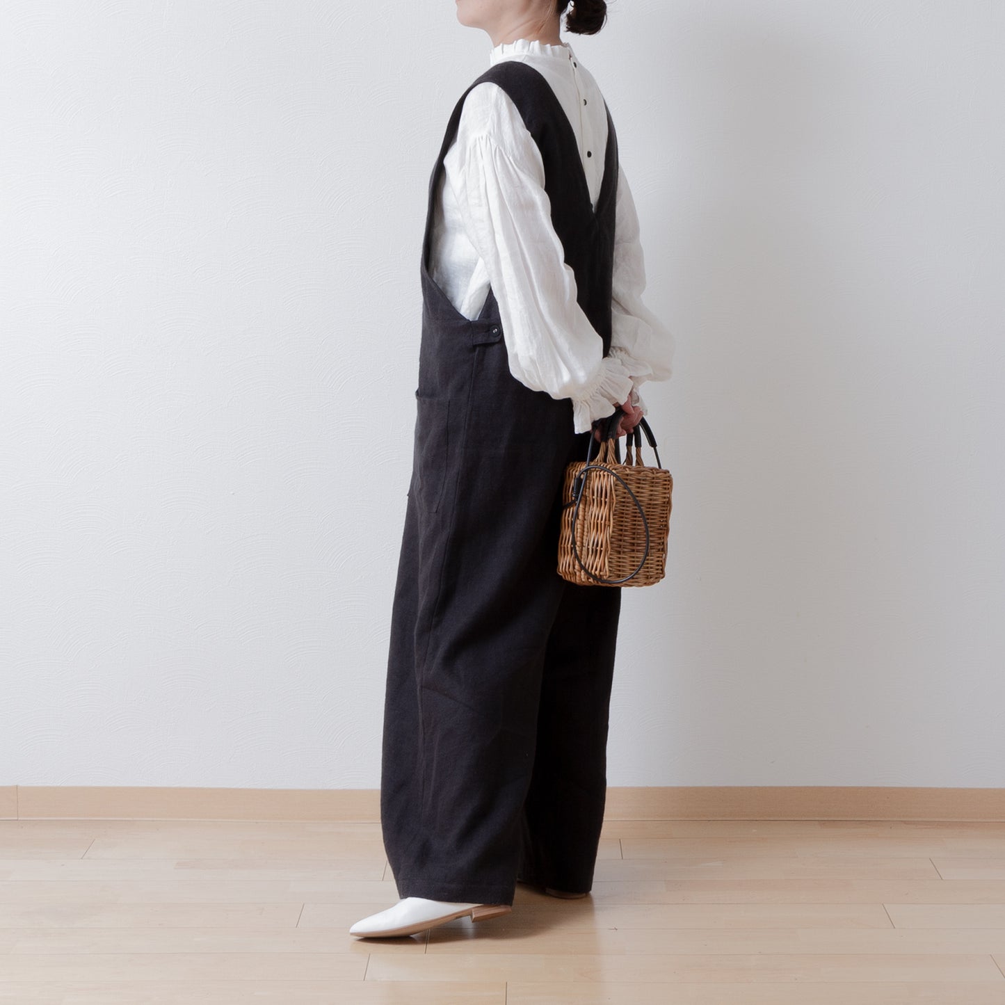 成人寬褲裝連身褲 - 亞麻斜紋拉絨/黑色