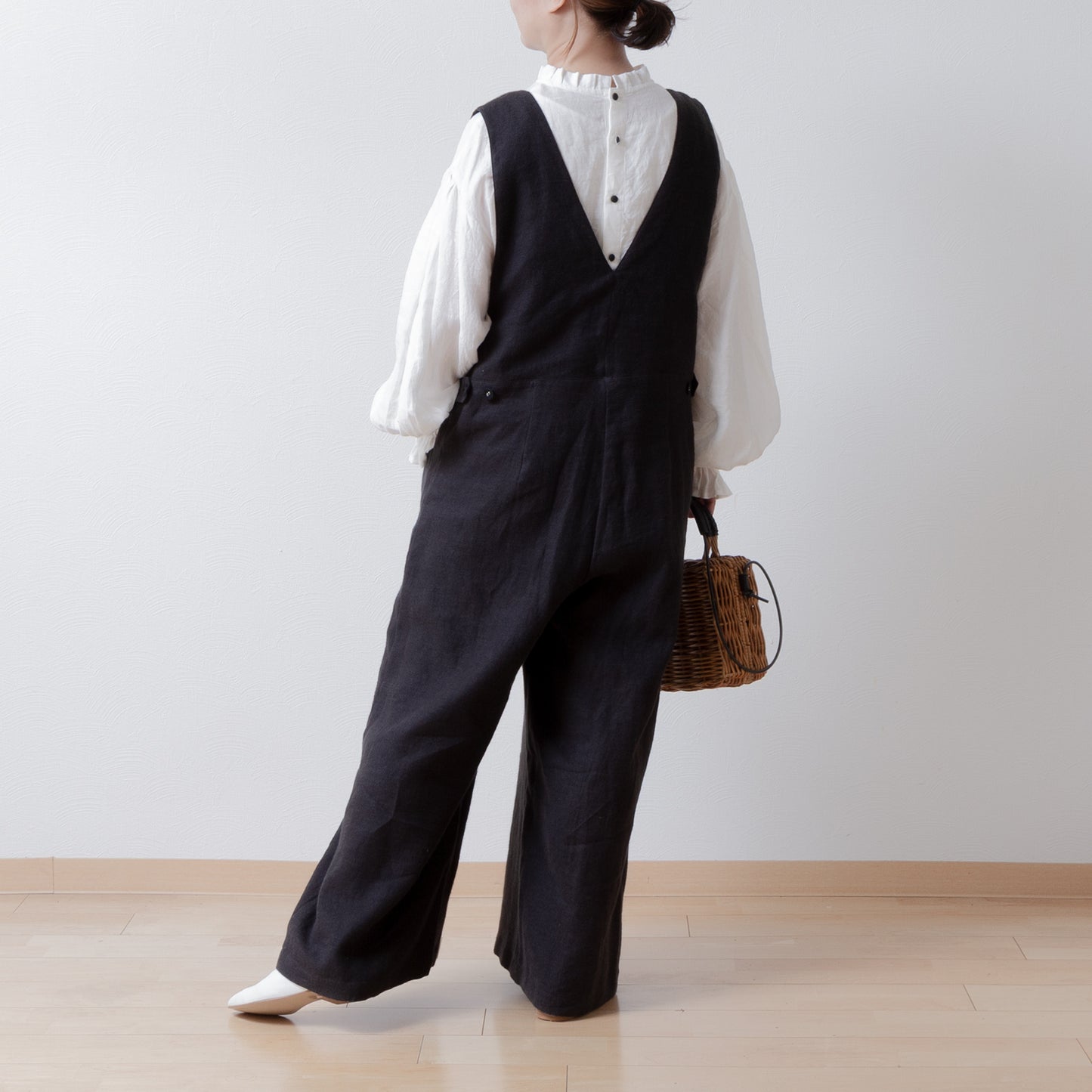 成人寬褲裝連身褲 - 亞麻斜紋拉絨/黑色