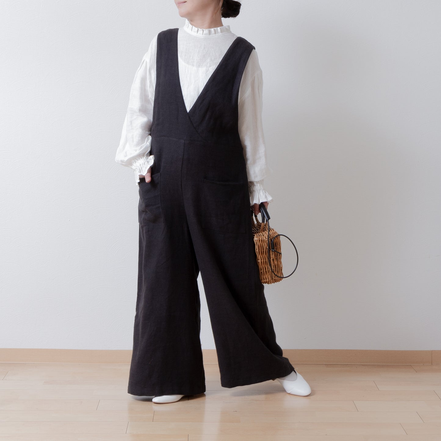 成人寬褲裝連身褲 - 亞麻斜紋拉絨/黑色