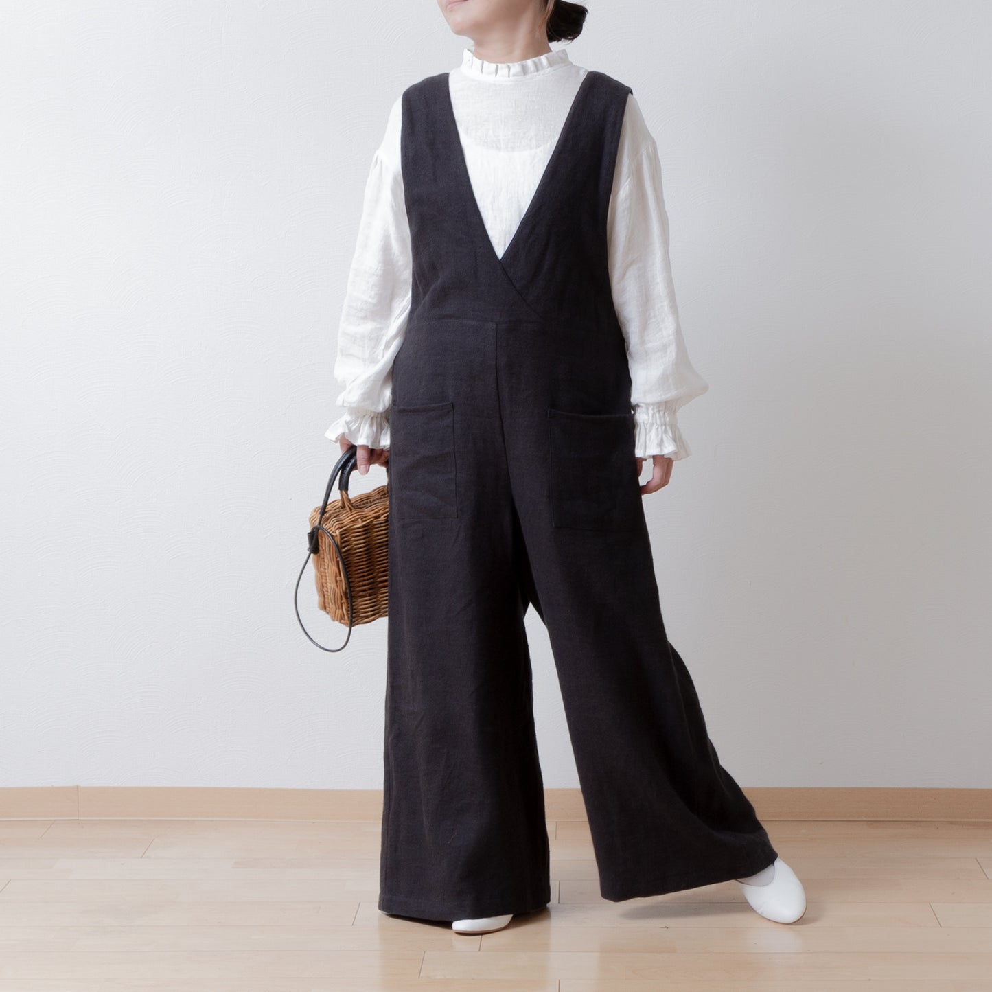 成人寬褲裝連身褲 - 亞麻斜紋拉絨/黑色