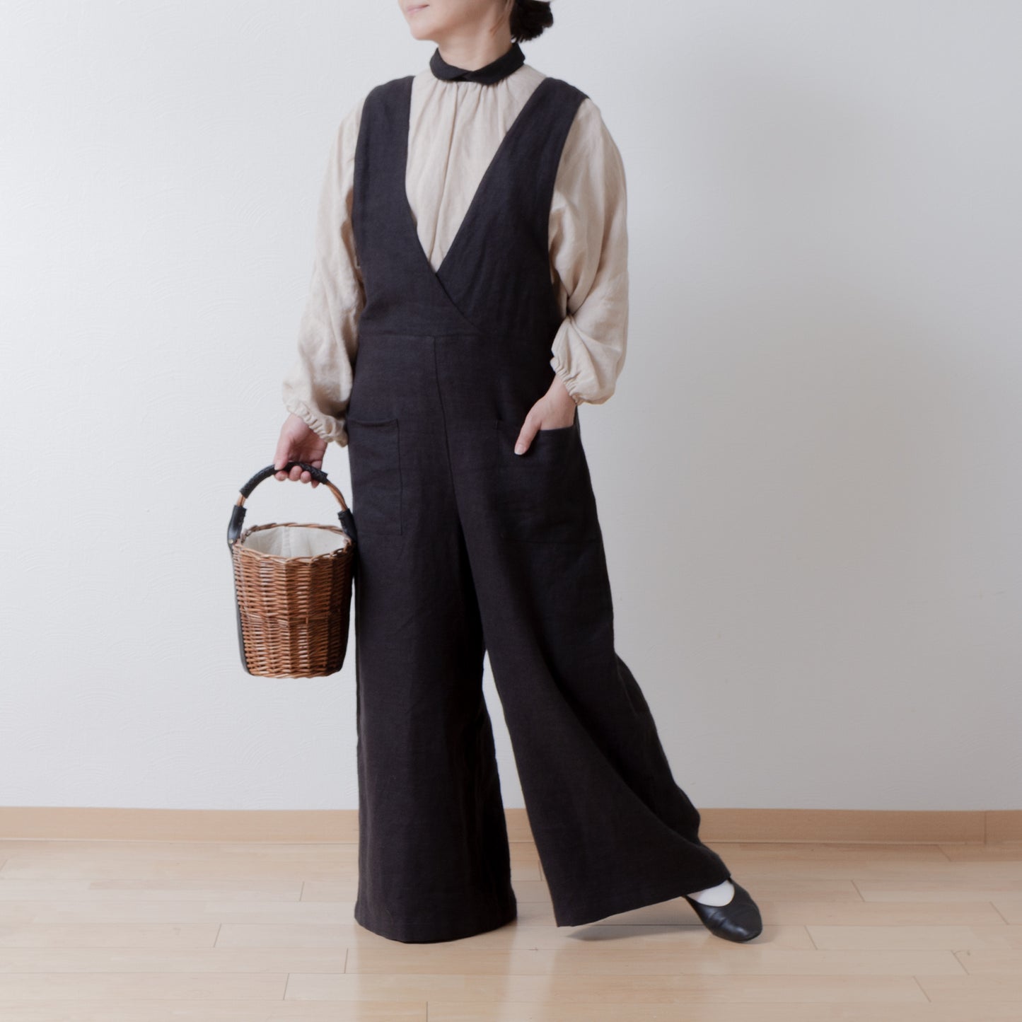 成人寬褲裝連身褲 - 亞麻斜紋拉絨/黑色