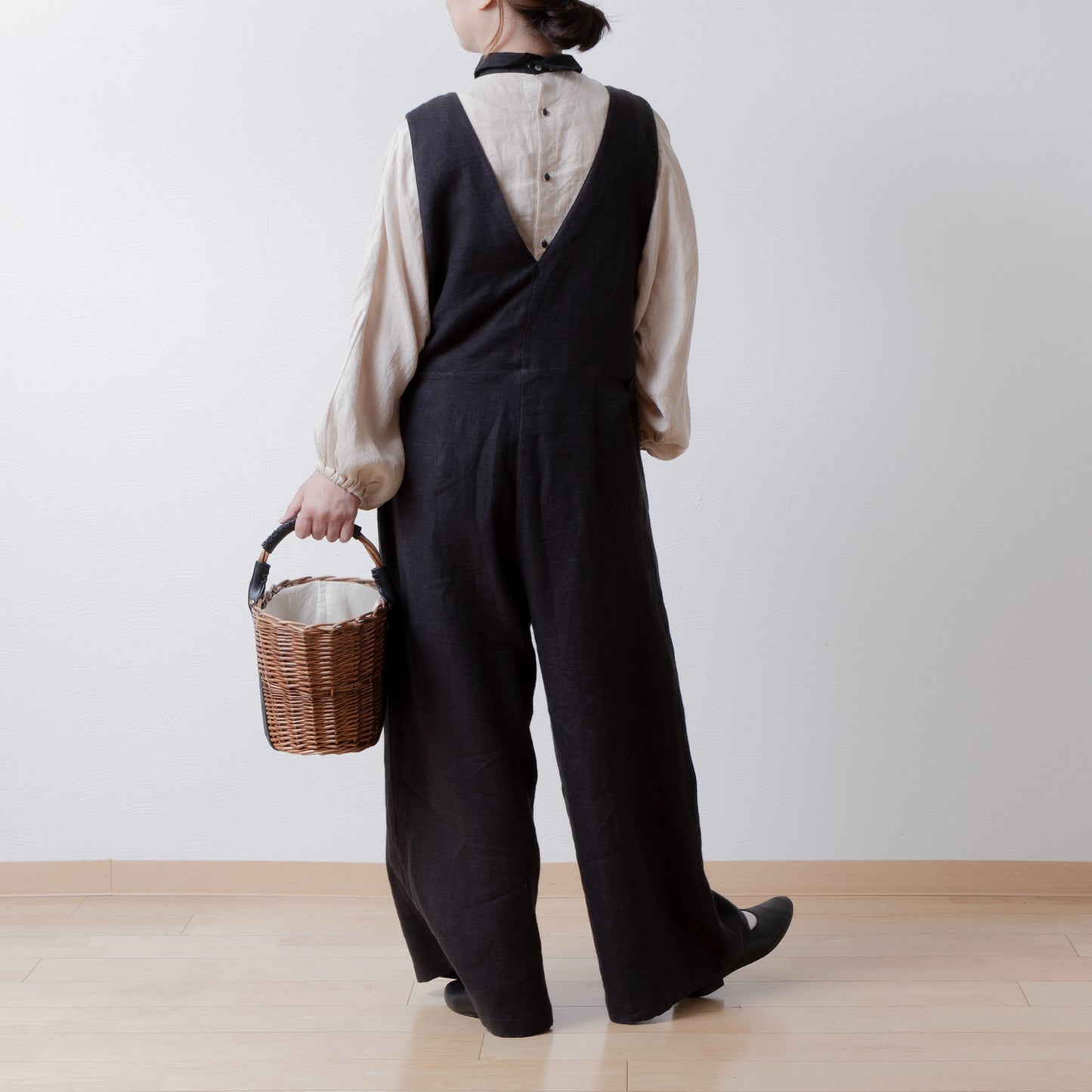 成人寬褲裝連身褲 - 亞麻斜紋拉絨/黑色