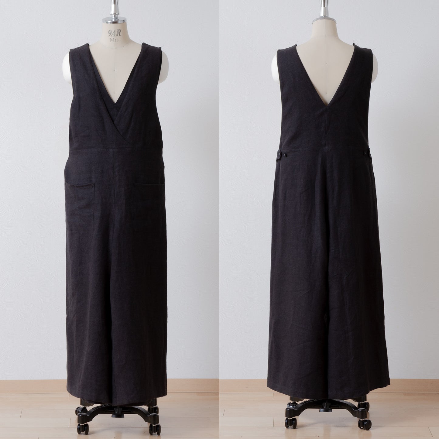 成人寬褲裝連身褲 - 亞麻斜紋拉絨/黑色