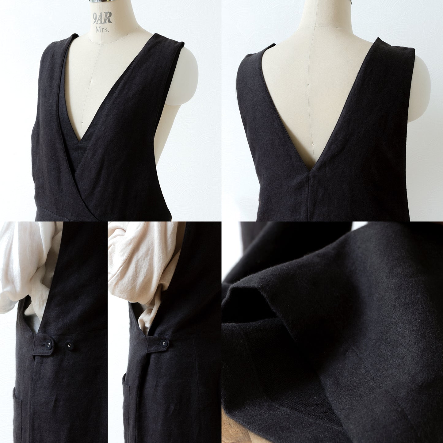 成人寬褲裝連身褲 - 亞麻斜紋拉絨/黑色