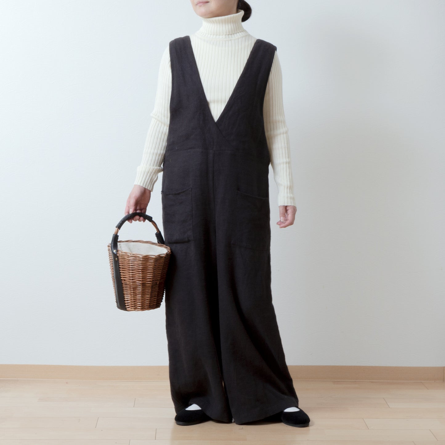 成人寬褲裝連身褲 - 亞麻斜紋拉絨/黑色