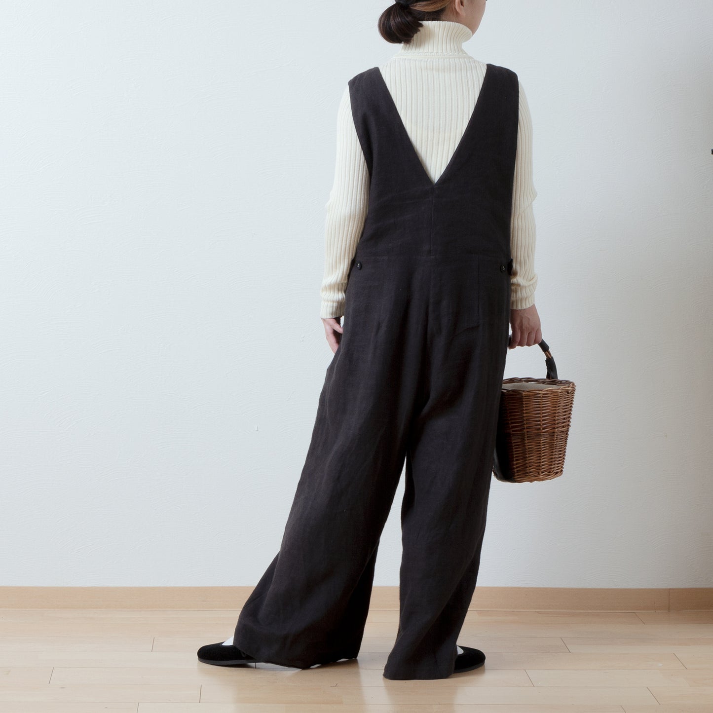 成人寬褲裝連身褲 - 亞麻斜紋拉絨/黑色