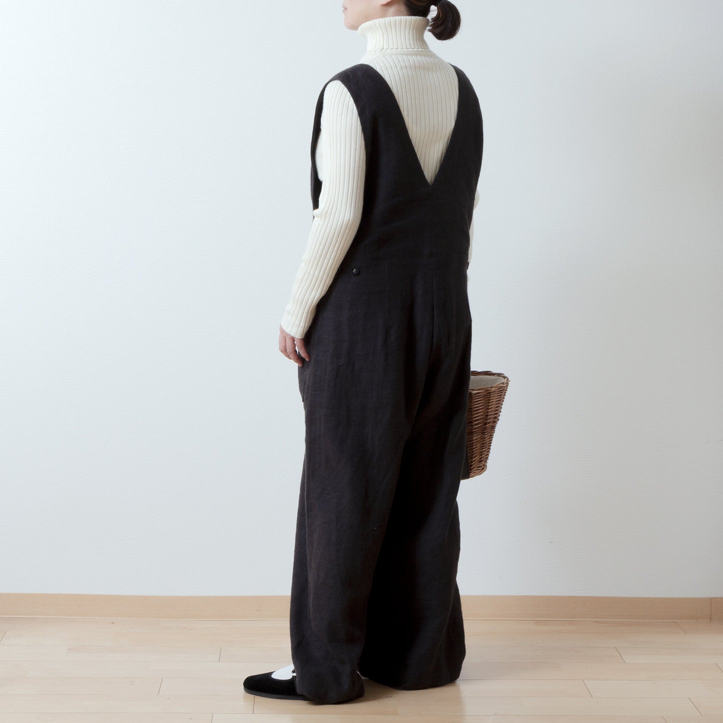 成人寬褲裝連身褲 - 亞麻斜紋拉絨/黑色