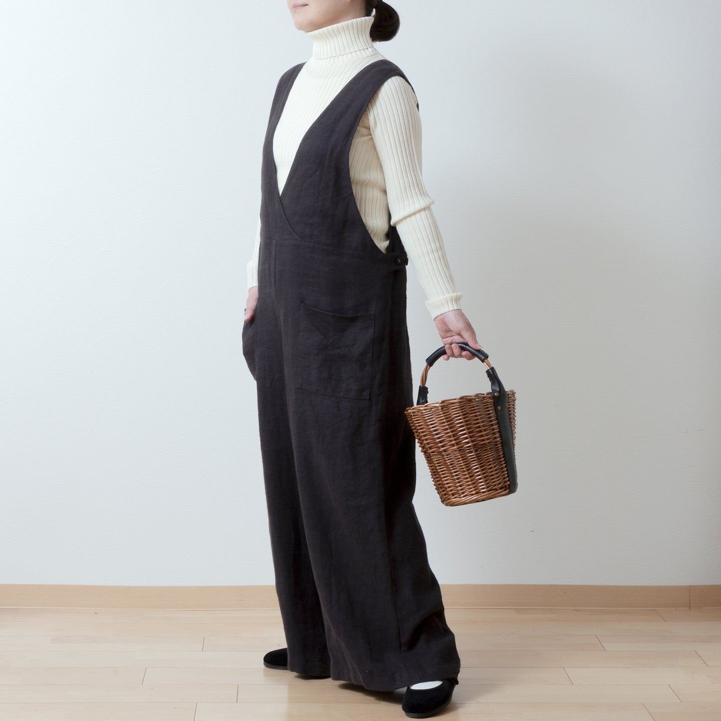 成人寬褲裝連身褲 - 亞麻斜紋拉絨/黑色