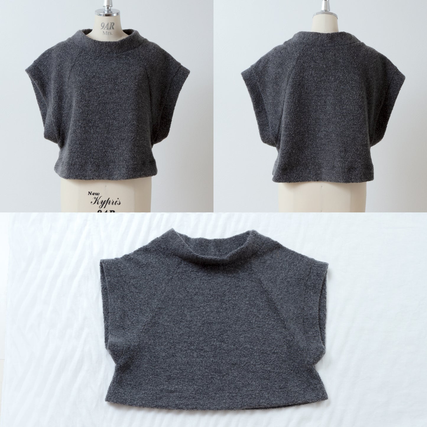 High-quality wool boa French sleeve A-line vest/Top gray