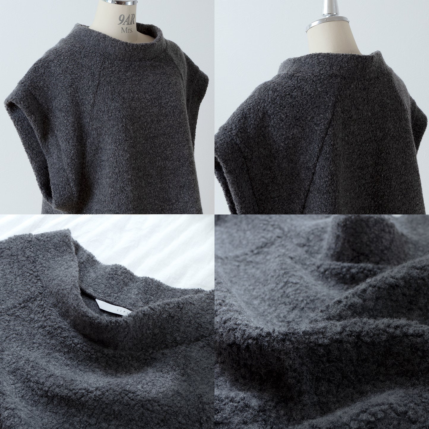High-quality wool boa French sleeve A-line vest/Top gray