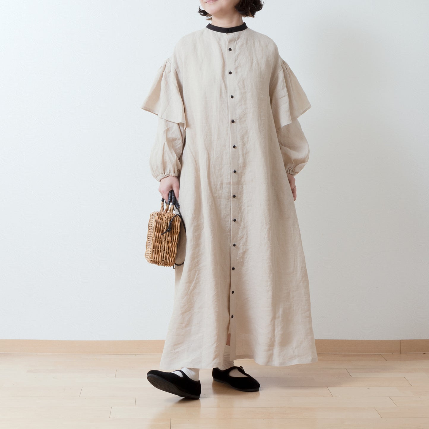 ダブルスリーブAラインリネンワンピース/ベージュ
