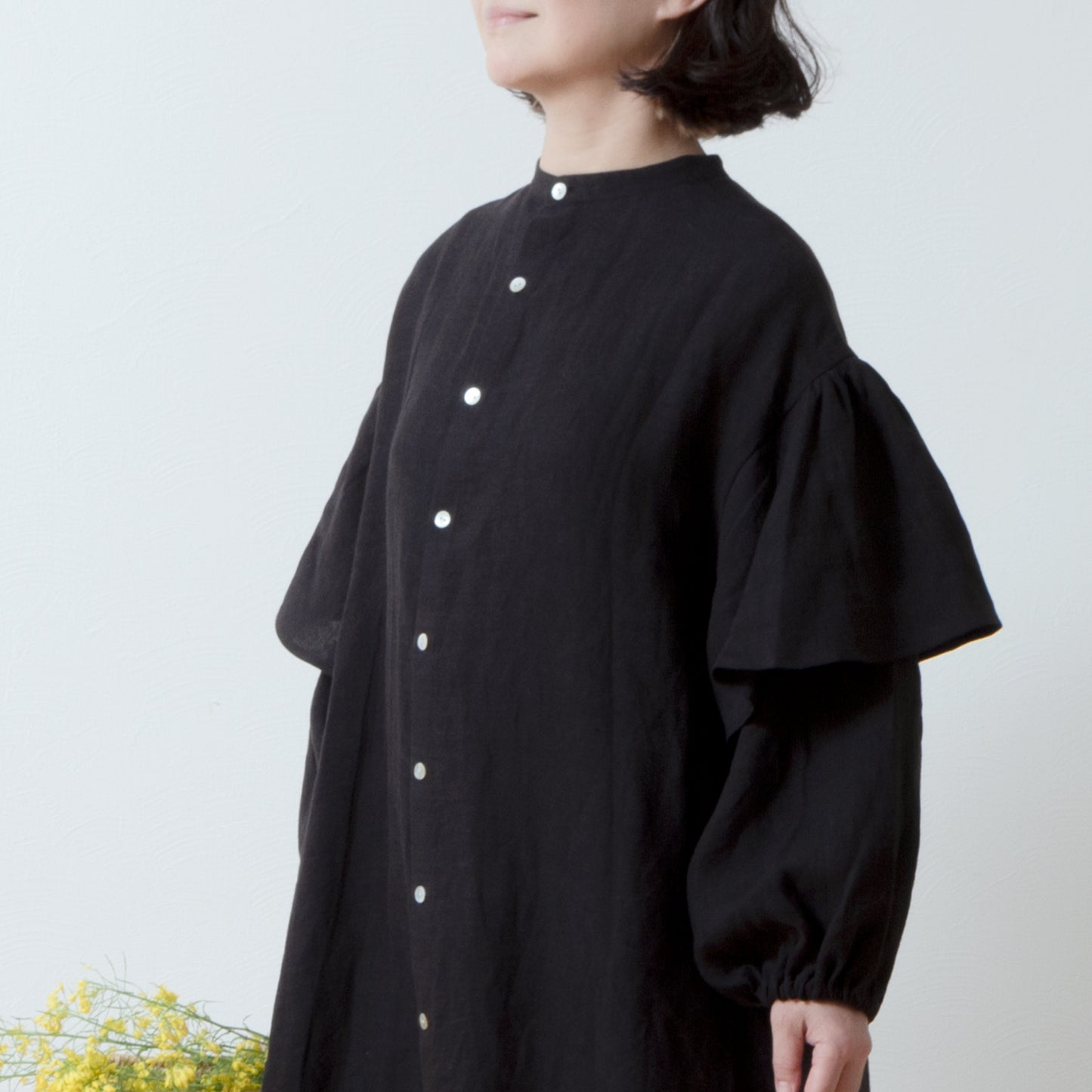 雙袖A字亞麻連身裙/黑色