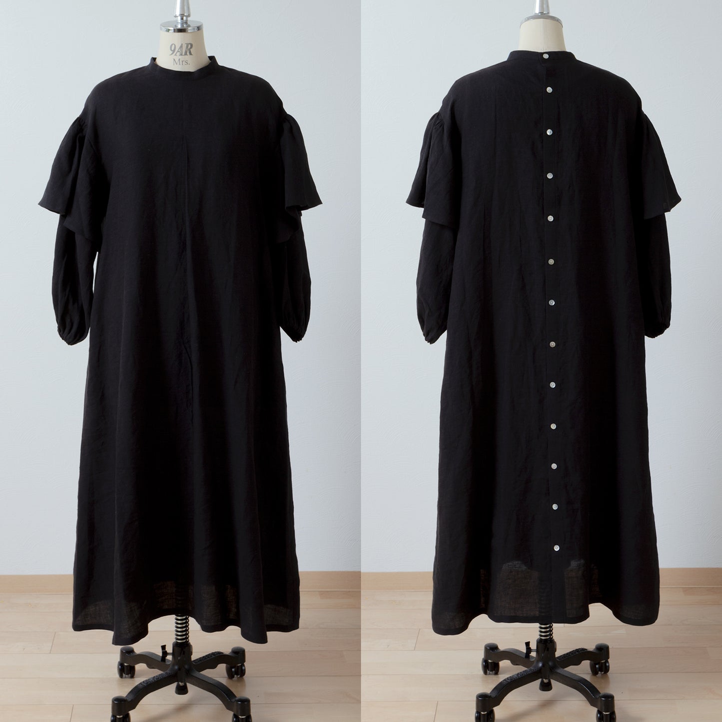 雙袖A字亞麻連身裙/黑色