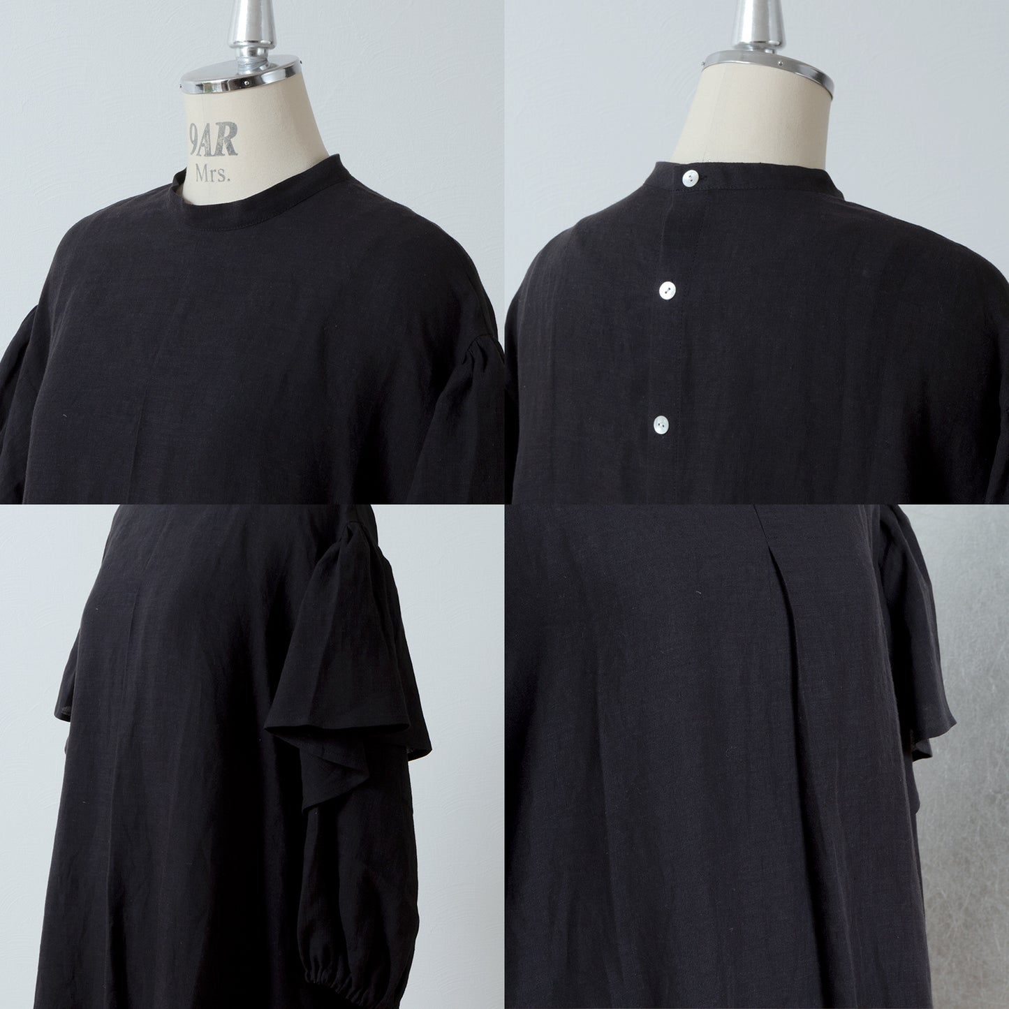 雙袖A字亞麻連身裙/黑色