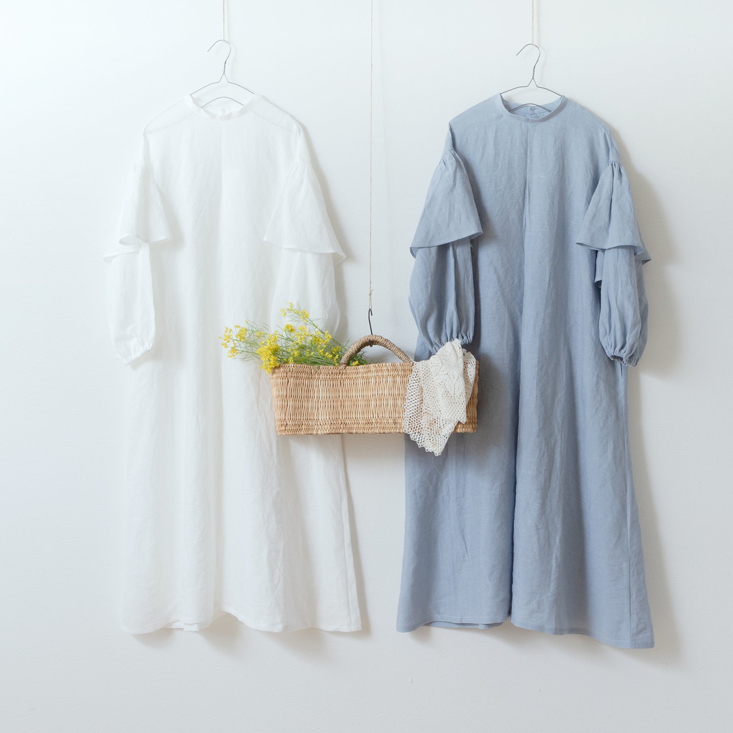 Double sleeve A-line linen dress/off white