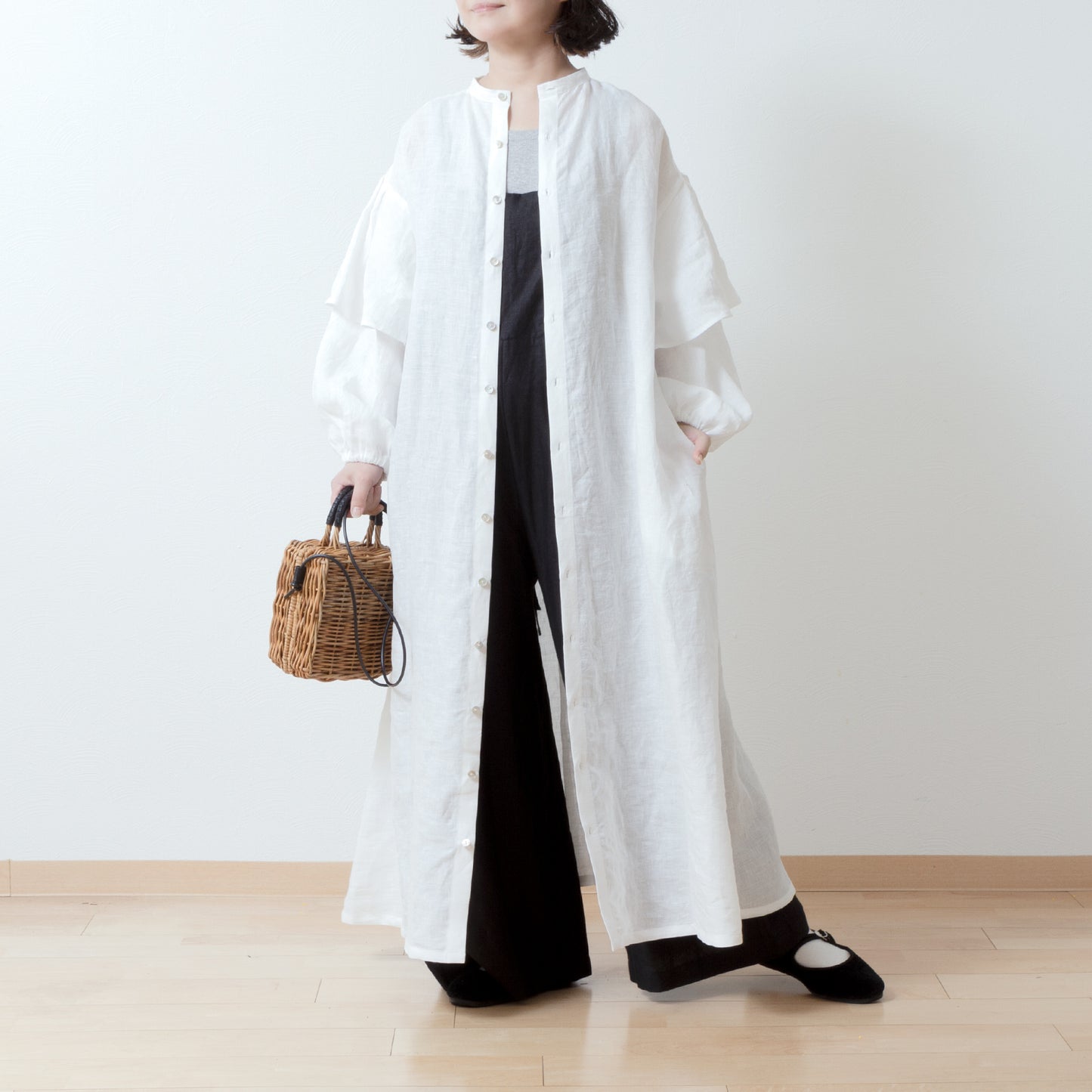 Double sleeve A-line linen dress/off white