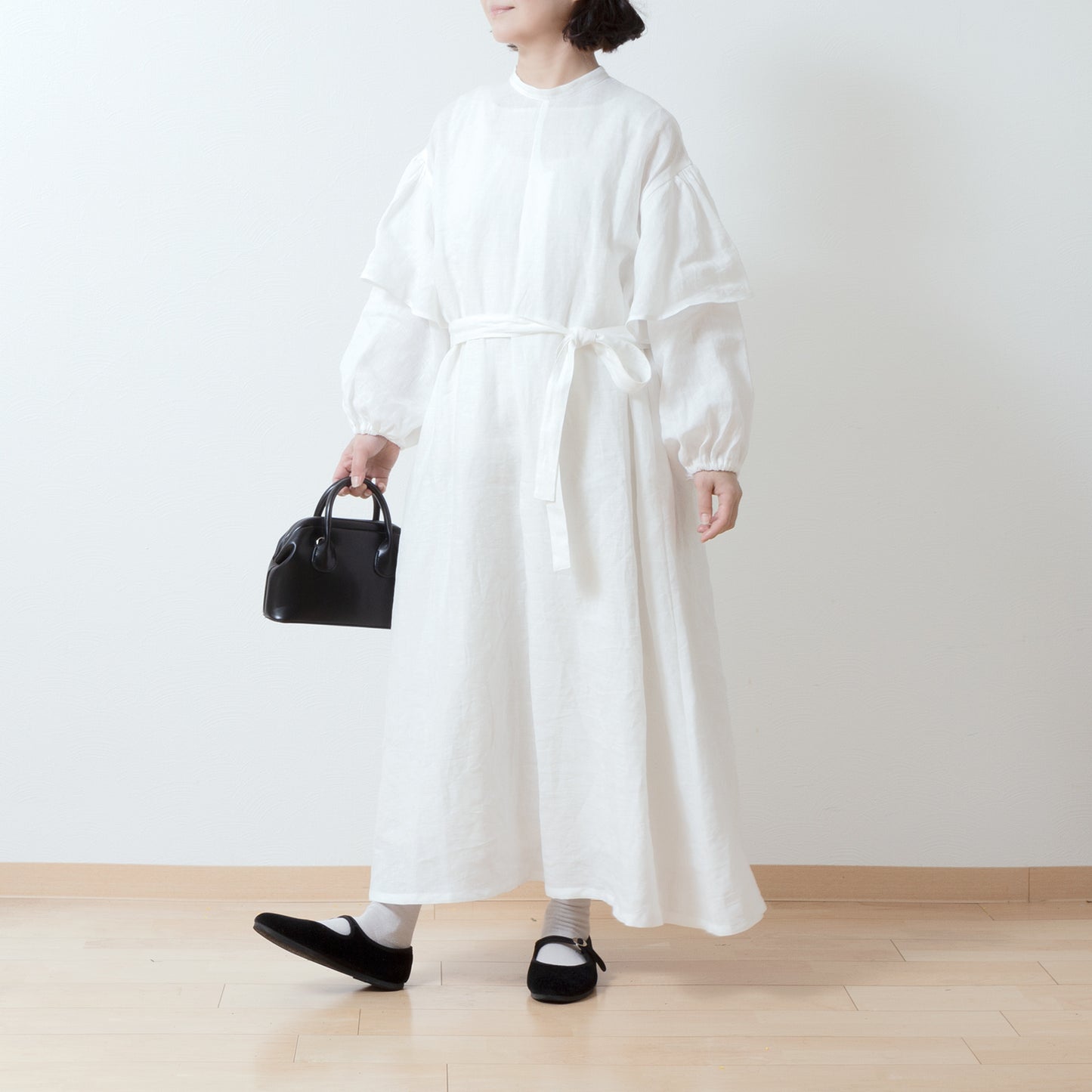 Double sleeve A-line linen dress/off white