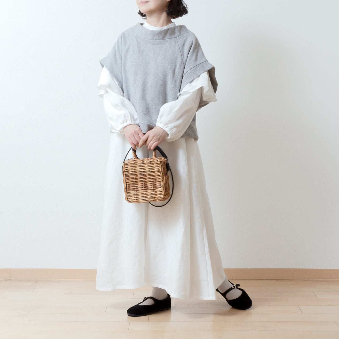 Double sleeve A-line linen dress/off white