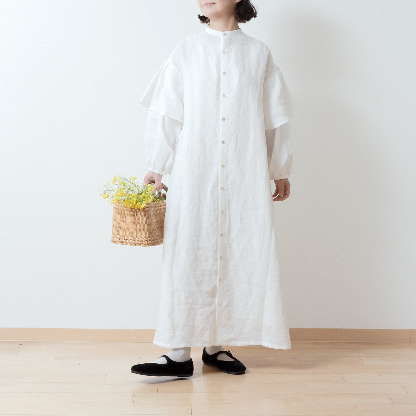 Double sleeve A-line linen dress/off white