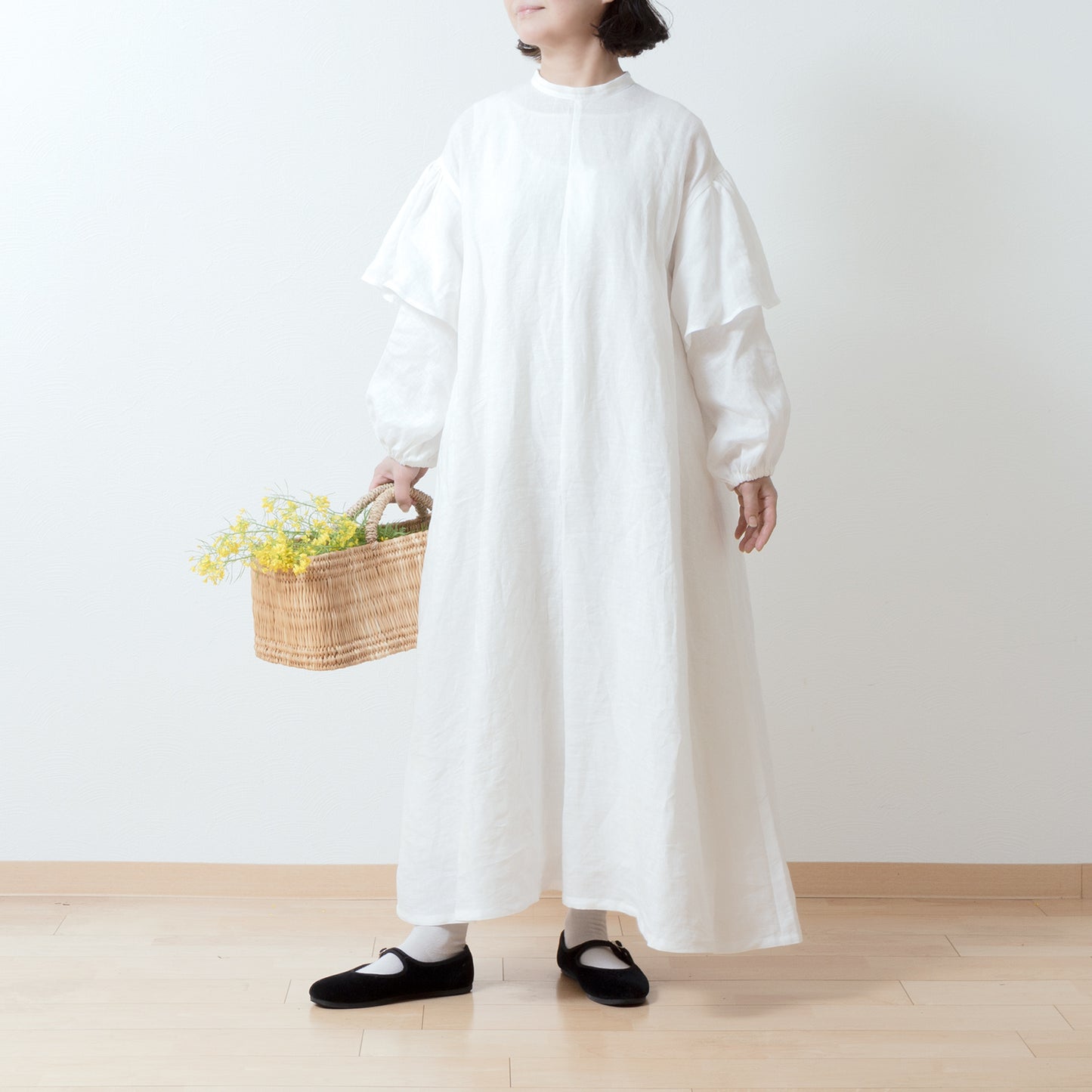Double sleeve A-line linen dress/off white