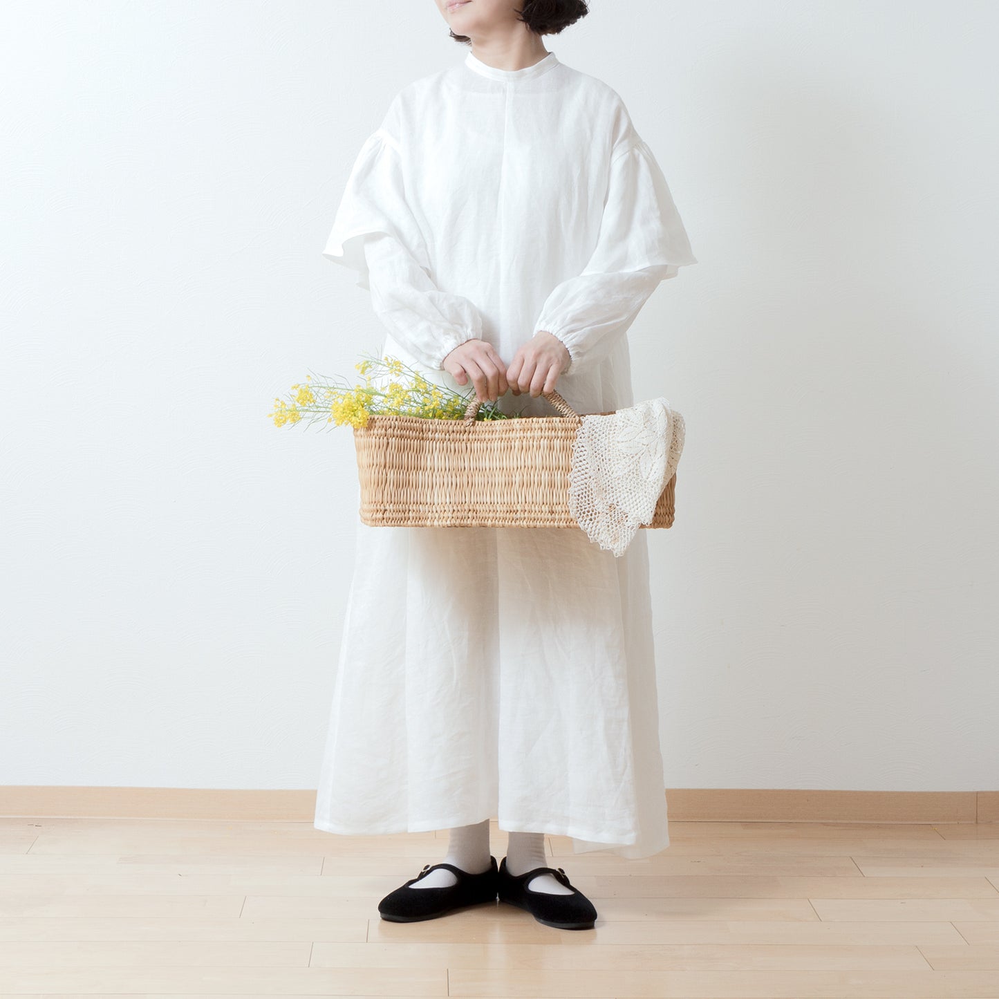 Double sleeve A-line linen dress/off white