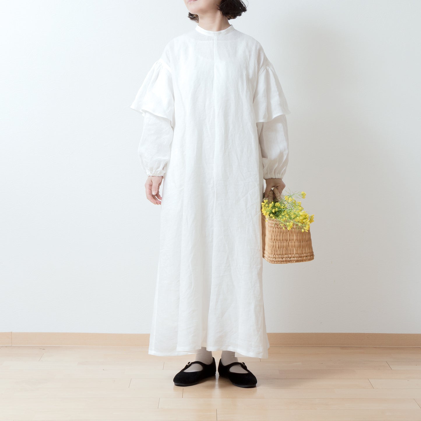 Double sleeve A-line linen dress/off white