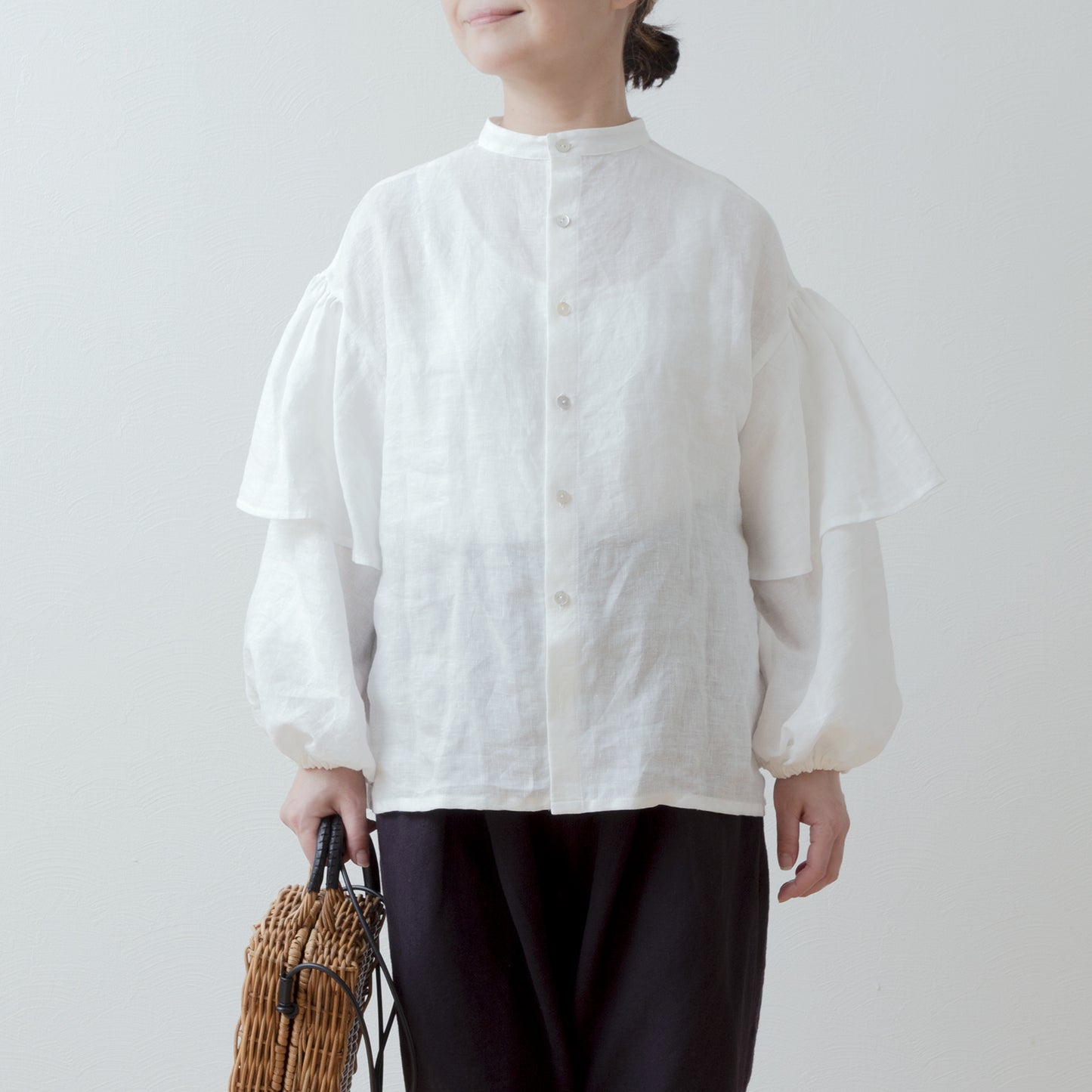 雙袖亞麻襯衫/米白色