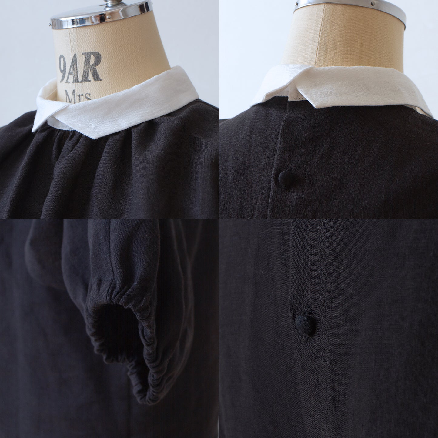 牧師領優雅可愛,適合成人穿著。後背扣,寬袖法式亞麻襯衫,七分袖/黑色牧師領