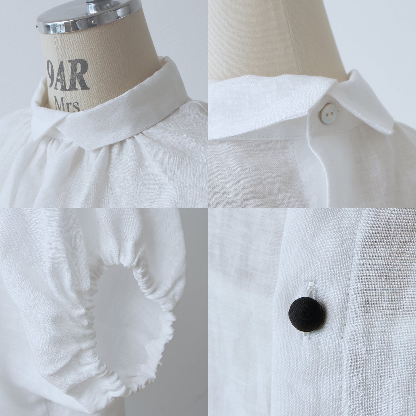 バックくるみ釦が大人かわいいボリューム袖フレンチリネンブラウス九分袖/ホワイト