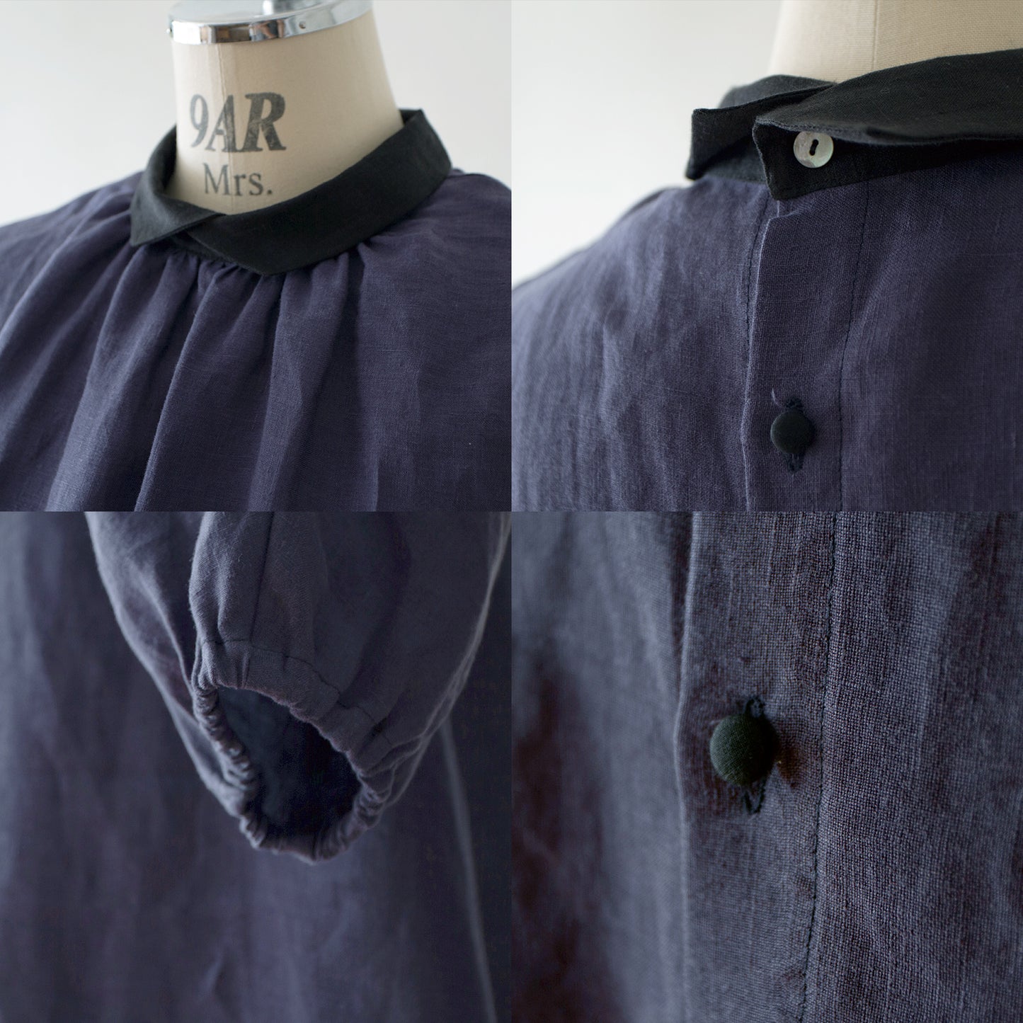 優雅可愛的牧師領,背面有紐扣,袖子寬大,採用法國亞麻 A 字裙/紫色海軍藍牧師