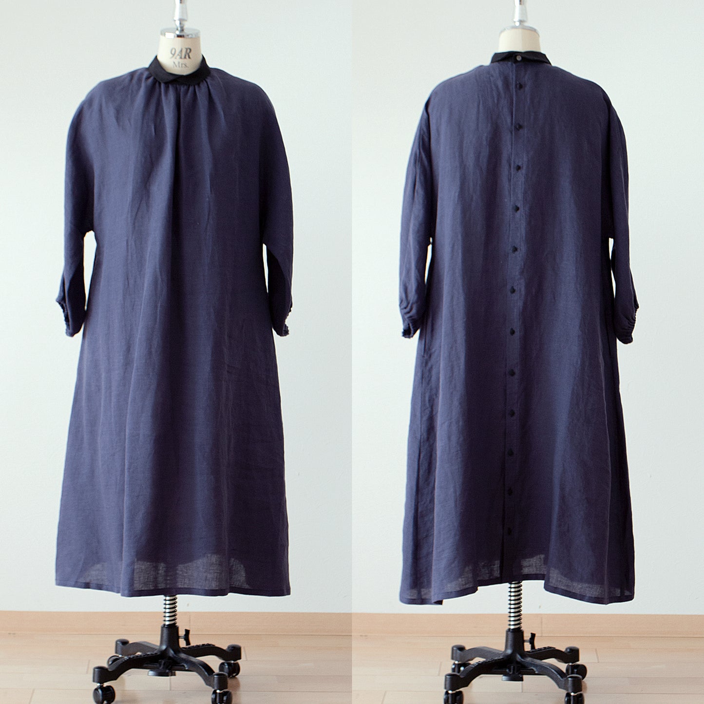 優雅可愛的牧師領,背面有紐扣,袖子寬大,採用法國亞麻 A 字裙/紫色海軍藍牧師