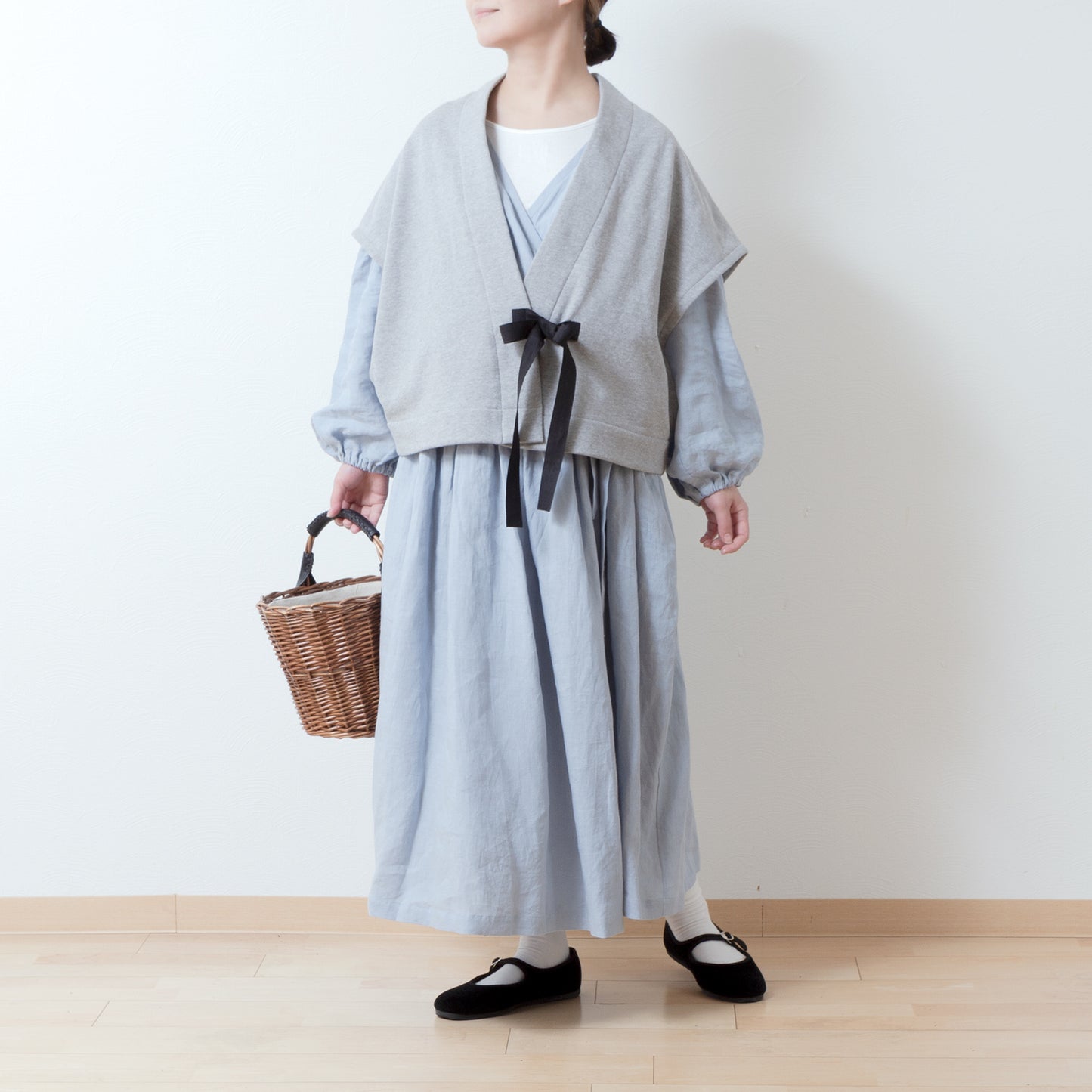 Cache-Coeur 褶皺兩用洋裝 - 法國亞麻/淡藍色