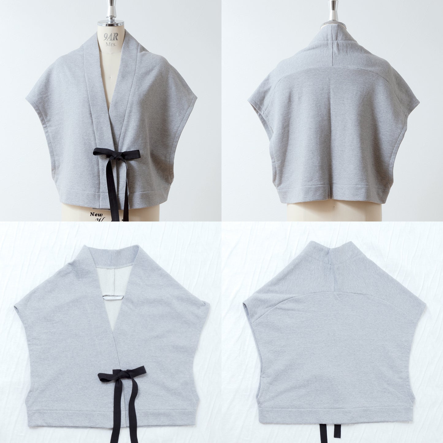 Cotton fleece half shawl vest with ribbon tape/top gray