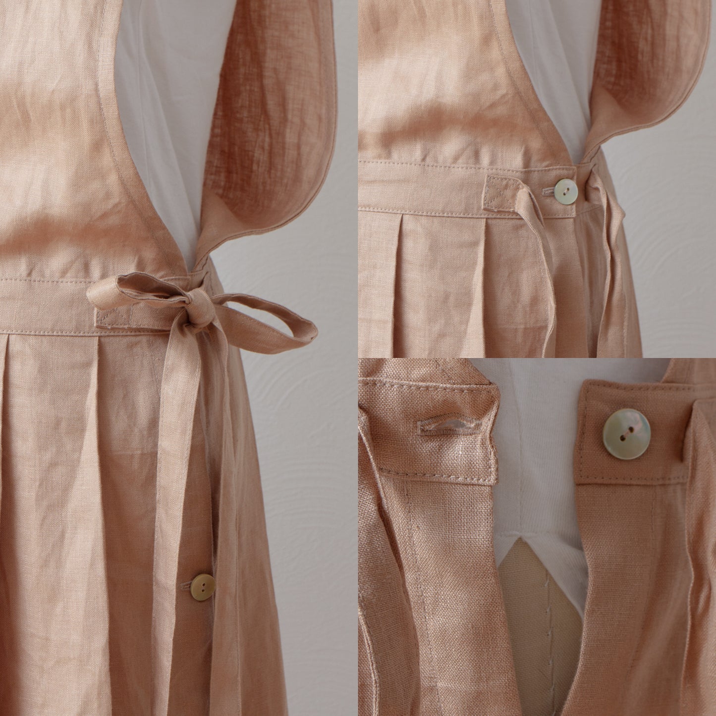 成熟而少女的側開式圍裙連身裙,採用亞麻/米色的 cache-coeur 設計