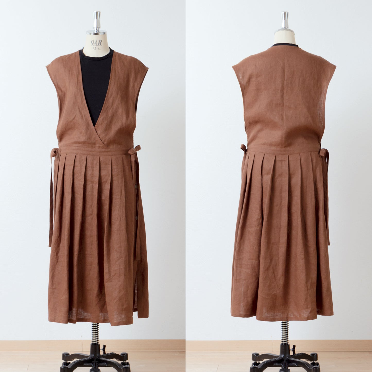 精緻的少女側開圍裙式連身裙 - 法國亞麻/磚棕色