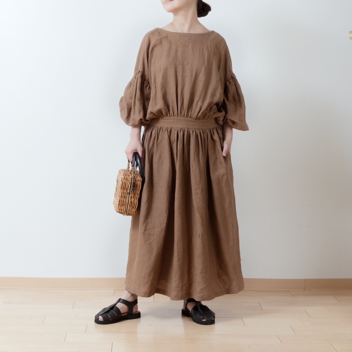 Cache-Coeur 褶皺兩用洋裝 - 法國亞麻/駝色