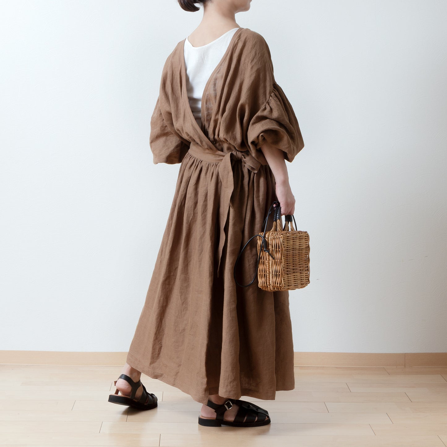 Cache-Coeur 褶皺兩用洋裝 - 法國亞麻/駝色