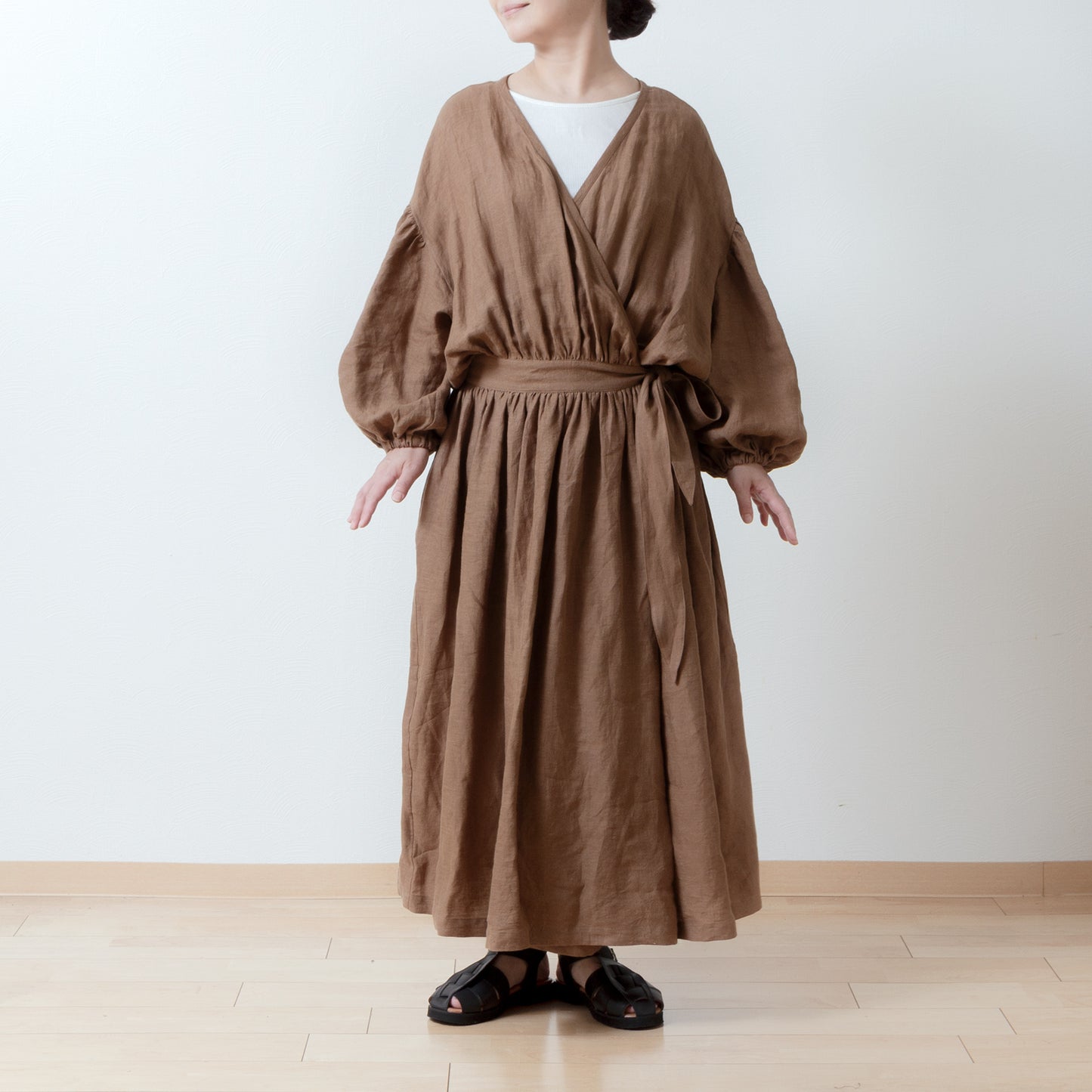 Cache-Coeur 褶皺兩用洋裝 - 法國亞麻/駝色